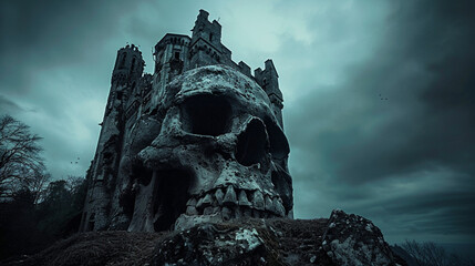 scary skull castle on the hill , abandoned evil castle, fantasy art, full of fog
