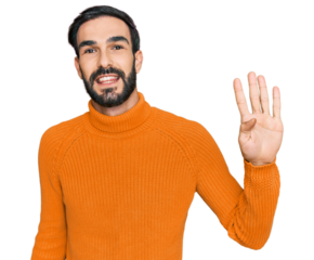 Young hispanic man wearing casual clothes showing and pointing up with fingers number four while smiling confident and happy.