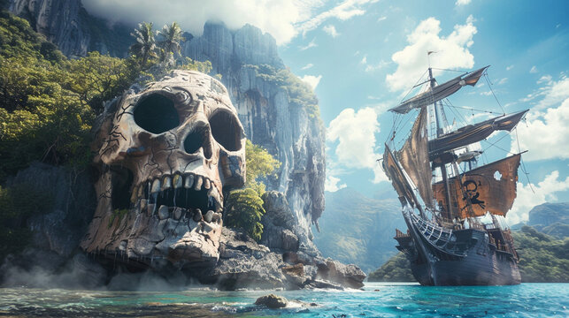 rock skull island and pirate ship in the sea , blue sky on sea ,concept art