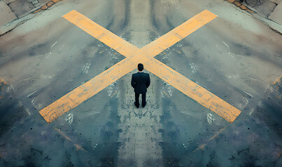 Top angle of view a business man standing in middle of an intersection, symbolic landscapes, chance, passage, a feeling of confusion, deep thinking, Multiple opportunities - obrazy, fototapety, plakaty