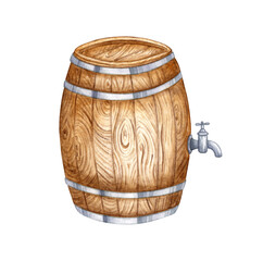 Watercolor illustration wooden barrel with a tap for beer, wine, cognac, rum, brandy and other alcoholic drinks. Isolated from the background. Suitable for interior design, menus, product packaging, 
