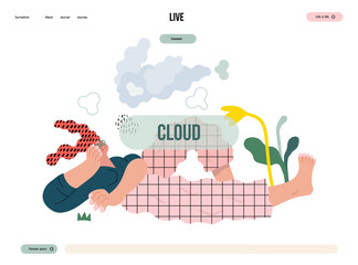 Life Unframed: Cloud dreamer -modern flat vector concept illustration of a girl watching clouds. Metaphor of unpredictability, imagination, whimsy, cycle of existence, play, growth and discovery