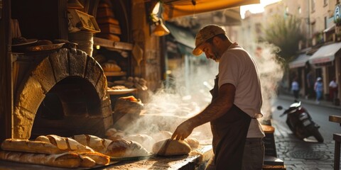 A view of a baker pulling fresh bread out of a stone oven on a bustling street in Europe