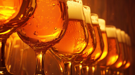 ビールが注がれたたくさんのグラス　AI画像