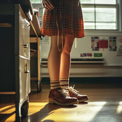 Backlit Schoolgirl Legs in Classroom

