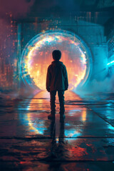 Child Before Portal in Neon-Lit Rainy Scene

