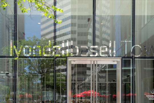 Houston, Texas, USA - April 4, 2024: The entrance to LyondellBasell Tower in Houston, Texas, USA. LyondellBasell Industries N.V. is an American multinational chemical company. 