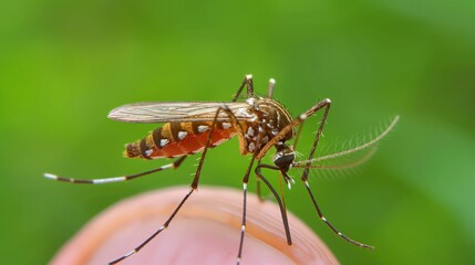 Detailed view of a mosquito perched on the tip of a persons finger.