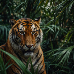 Obraz premium A terrifying tiger hidden among the dark green large palm leaves. Tropical Forest Animals.