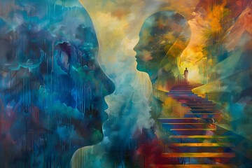 A painting of two people with one person looking up at the other. The painting is full of colors and has a dreamy, surreal feel to it