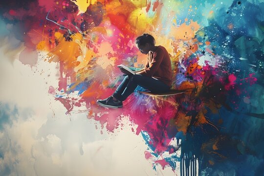 
A man is sitting on a skateboard in a colorful background. He is reading a book. Concept of freedom and relaxation, as the man is enjoying his leisure time while being surrounded by vibrant colors
