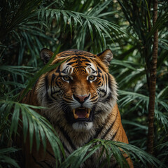 Obraz premium The ferocious tiger hidden among the dark green large palm leaves is growling at us. Tropical Forest Animals. 
