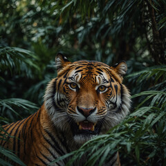Fototapeta premium The ferocious tiger hidden among the dark green large palm leaves is growling at us. Tropical Forest Animals. 