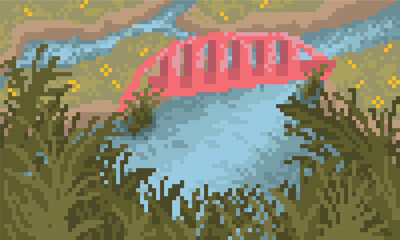 Pixel Art Lake with Bridge Landscape Background Wallpaper