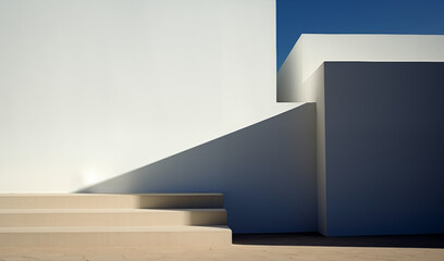 Outdoor modern concrete architectural element showing various walls, shadows, and a small set of three steps; background image