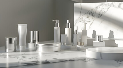 Sophisticated Selection of Premium Skincare Essentials Presented on a Chic Marble Counter