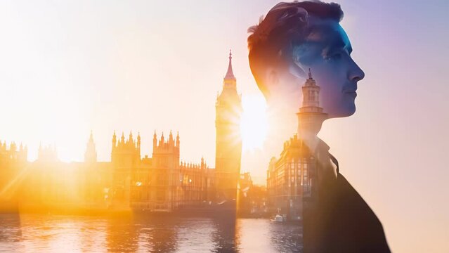 man silhouette is shown in front of a city skyline, with the London Big Ben clock tower in the background. The image has a dreamy, ethereal quality, with the male face