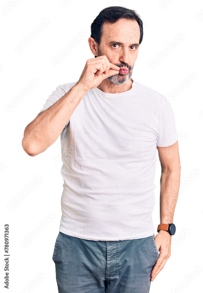 Sticker Middle age handsome man wearing casual t-shirt mouth and lips shut as zip with fingers. secret and silent, taboo talking