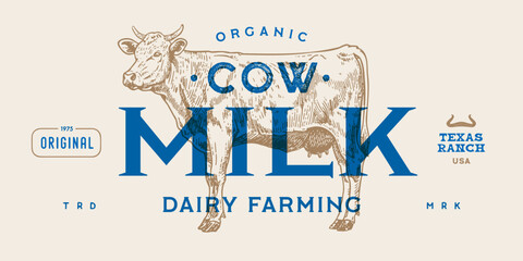 Cow, milk, dairy tag label. Template dairy farm, Milk Tag Label. Vintage cow print, tag, label sketch ink pencil drawing. Cow, milk dairy shop, text, typography. Vector Illustration - 780971305
