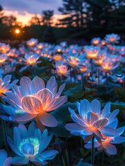 A garden where plants react to a solar eclipse, their bioluminescent flowers blooming in response to the changing light, 