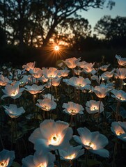 A garden where plants react to a solar eclipse, their bioluminescent flowers blooming in response to the changing light, creating a natural light show - obrazy, fototapety, plakaty