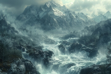 A turbulent river cascading over rocky terrain, creating frothy white rapids. Concept of natural...