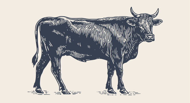 recommend clip art: Cow, bull, beef. Vintage retro print, black white cow, bull, beef sketch ink pencil drawing, engrave old school. Sketch artwork silhouette cow bull. Side view profile beef bull. Vector Illustration