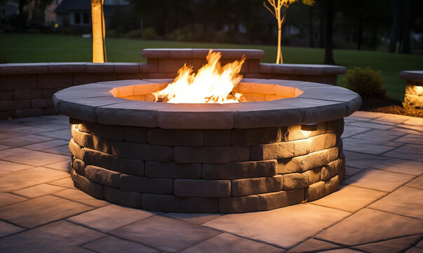 Circular outdoor stone paver firepit with fire blazing inside and subtle recessed lighting hidden around the base; hardscaping background image
