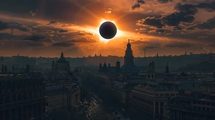 Deurstickers A timetraveler witnesses a solar eclipse from different eras, each observation point marked by distinctive architectural and technological styles © earthstudiotomo