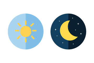 Day and night icon set. Sun and moon sign. Natural, cycle, contrast, season concepts. Flat modern vector design isolated illustration. © Charlottstudio