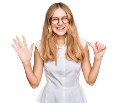 Beautiful young caucasian girl wearing casual clothes and glasses showing and pointing up with fingers number six while smiling confident and happy.