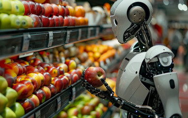 A sleek robot with a mechanical arm is delicately picking a ripe apple from a well-stocked fruit display in a contemporary grocery store