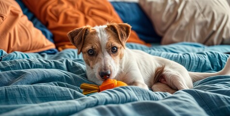 Jack russell terrier relaxing on bed with toy carrot