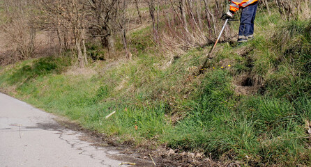 Cutting grass with brush cutter along a country road