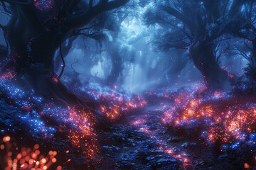 An exploration of alien flora, where bioluminescent plants and towering trees create otherworldly landscapes. Concept of extraterrestrial botany. Generative Ai.