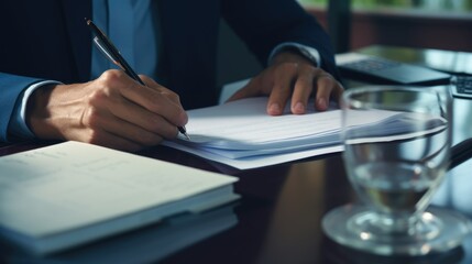 Hands of a businessman signing reports