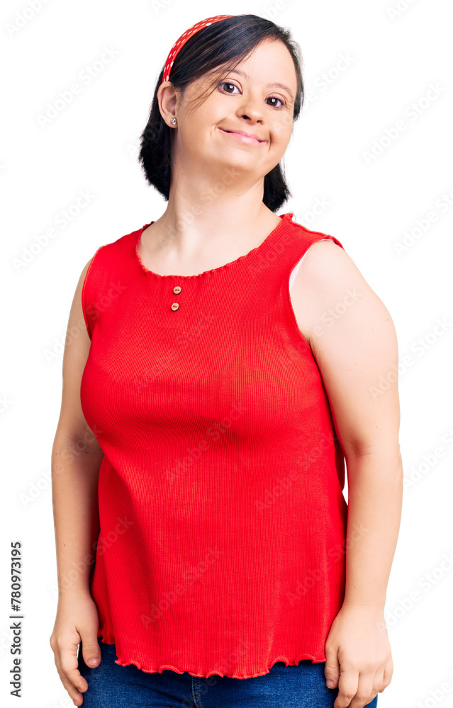 Poster Brunette woman with down syndrome wearing casual clothes looking positive and happy standing and smiling with a confident smile showing teeth