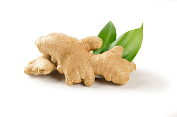 Ginger with leaves isolated on white background