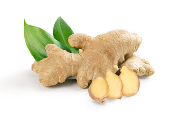 Ginger root with slice and leaves  on white background - 780973399