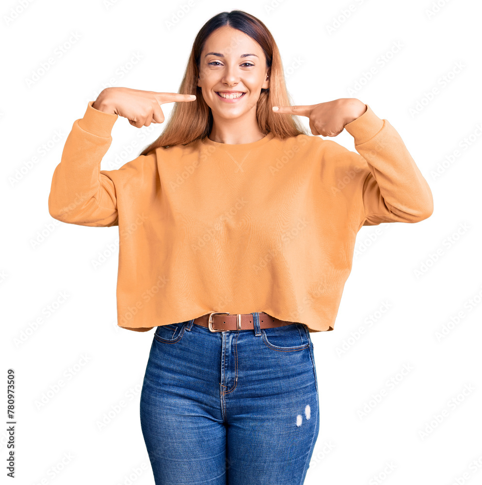 Sticker Beautiful young woman wearing casual clothes smiling cheerful showing and pointing with fingers teeth and mouth. dental health concept.