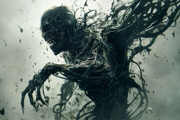 Terrifying Undead Creature Emerging with Sinister Intent, Dark Fantasy Horror Scene with Swirling Tendrils