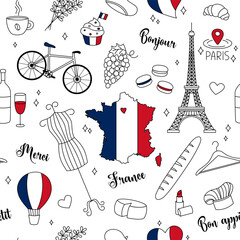 France doodle seamless pattern. Vector background. Cute hand drawn outline French symbols on white backdrop. Eiffel Tower, country map, flag and others. National landmarks © Anna Shalygina