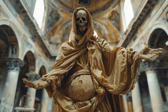 Majestic Ancient Sculpture of Grim Reaper with Scythe in Ornate Historic Cathedral - Powered by Adobe