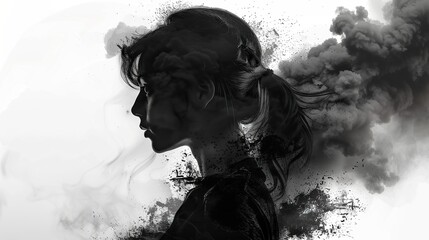 Double exposure that combines sad woman silhouette against ruined city because of war