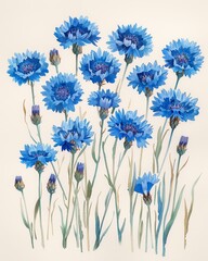 Cornflowers, Delicate blue cornflowers with textured petals, capturing the essence of a wildflower meadow , Gouache Floral borders and frame illustration