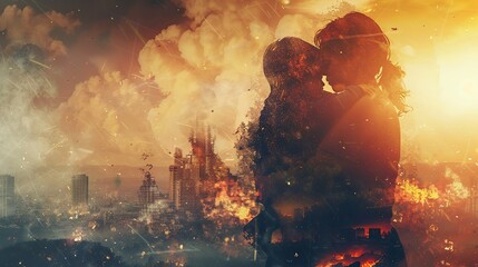 Double exposure of mother hugs her child silhouette against city explosion because of the war