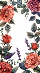 Roses and Lavender, A romantic frame with bold roses and fragrant lavender, contrasting textures and colors , Gouache Floral borders and frame illustration