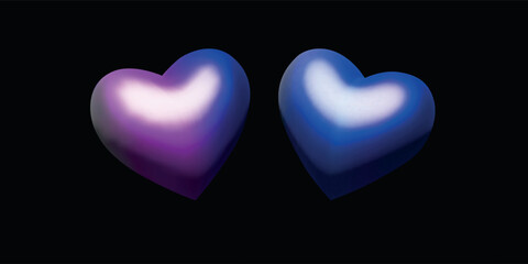 3d metallic hologram hearts. Vector design elements. Realistic glowing gradient hearts isolated on black background