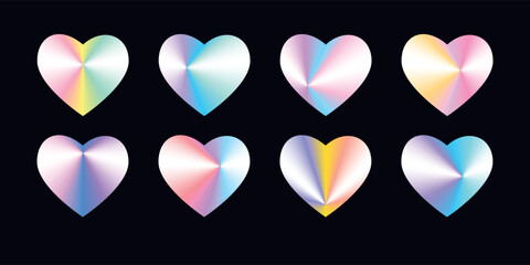 Set of different hologram stickers in heart shape. Metallic gradient hearts isolated on black background