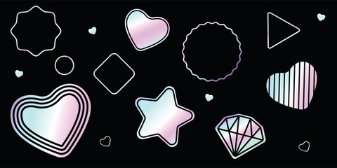 Set of vector metallic hologram stickers, stars, hearts, diamonds. Gradient silver badges isolated on black background